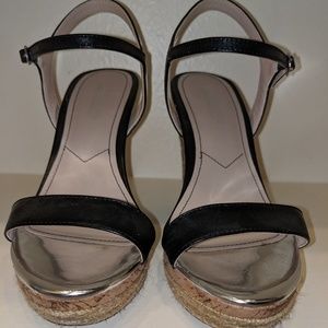 Black leather espadrille wedges